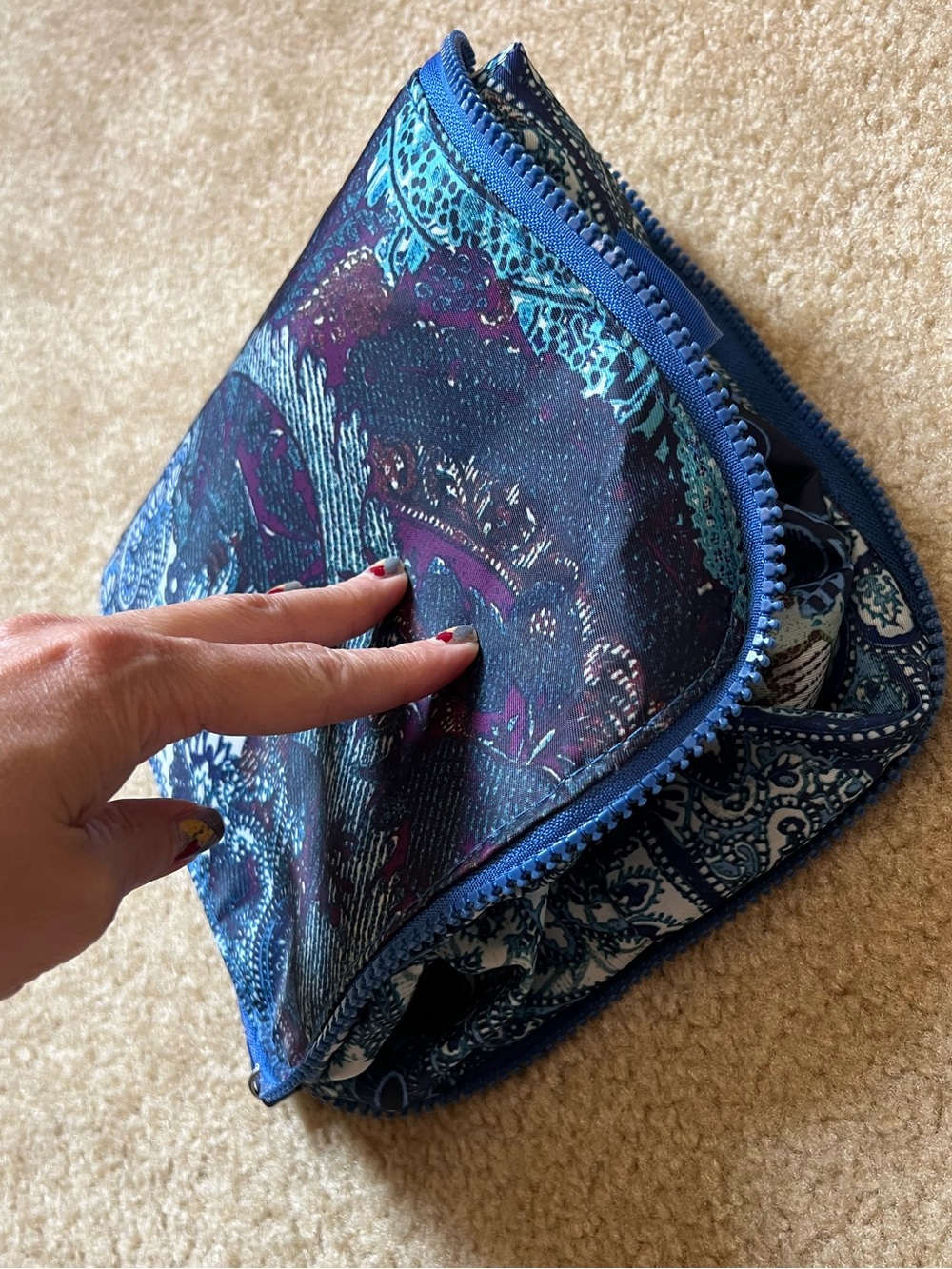 Chico's Packable Foldable Travel Tote Bag Paisley Blue Purple Large Expandable - Picture 7 of 13
